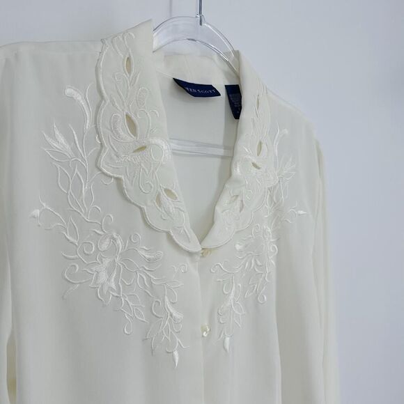 Vintage Karen Scott Button Up Blouse Fancy Collar Embroidered Ivory Womens Large - Picture 5 of 12
